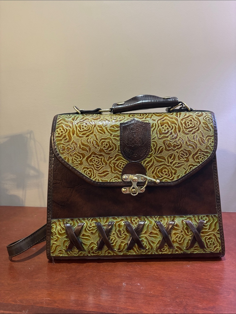 Two-Tone Floral Embossed Satchel Bag in Brown and Olive